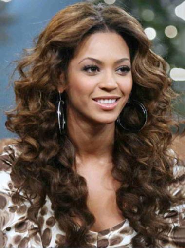 Beyonce Knowles Stile Echthaar Längeren Gelockten Hundgeknüpft Perücken etwa 20" 
