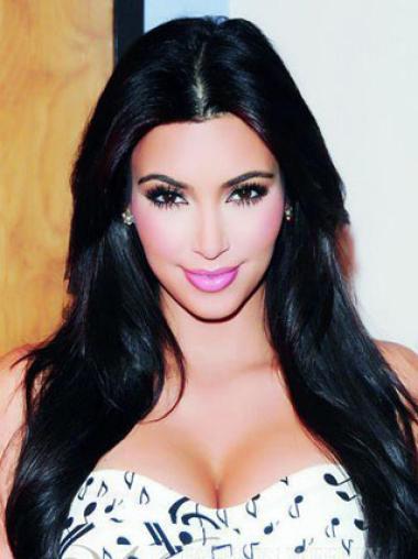 Kim Kardashian Längeren Schwarzen Glatten Spitzen Echthaarperücken