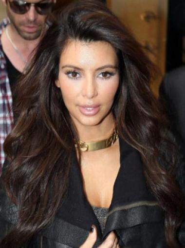 Erstaunliche Kim Kardashian Längeren Gewellten Braunen Spitzen Echthaarperücken 