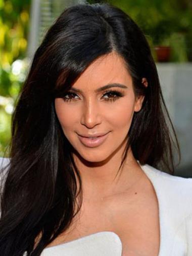 Kim Kardashian Längere Glatten Mit Pony Echthaar Mono-Filmansatzperücken