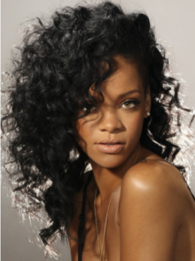 Rihanna Echthaar Längere Gelockten Mono-Filmansatzperücken 16" 