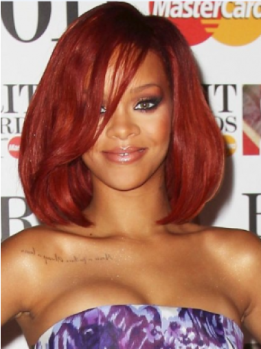 Rihanna Entspannte Mittleren Gewellten Mono-Filmansatz Echthaarperücken 12" Mit Pony