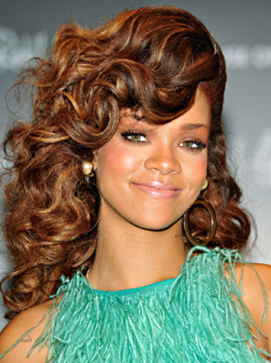 Rihanna Einzigartige Längeren Gelockten Mono-Filmansatz Echthaarperücken 18" 