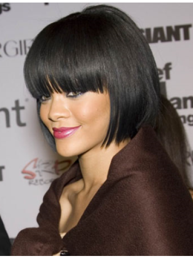 Rihanna Durchschnitt  Echthaarperücken Glatten Spitzen Bob Mit Pony