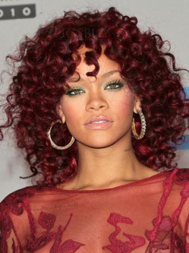 Hit  Rihanna's Frisur Rote Mittleren Gelockten Tresse Perücken Echthaarperücken