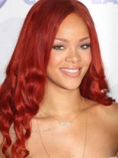 Rihanna Rote Längeren Gewellten Mono-Filmansatz Echthaarperücken