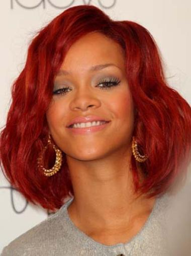Rihanna Rote Gewellten Mittleren Mono-Filmansatz Echthaarperücken